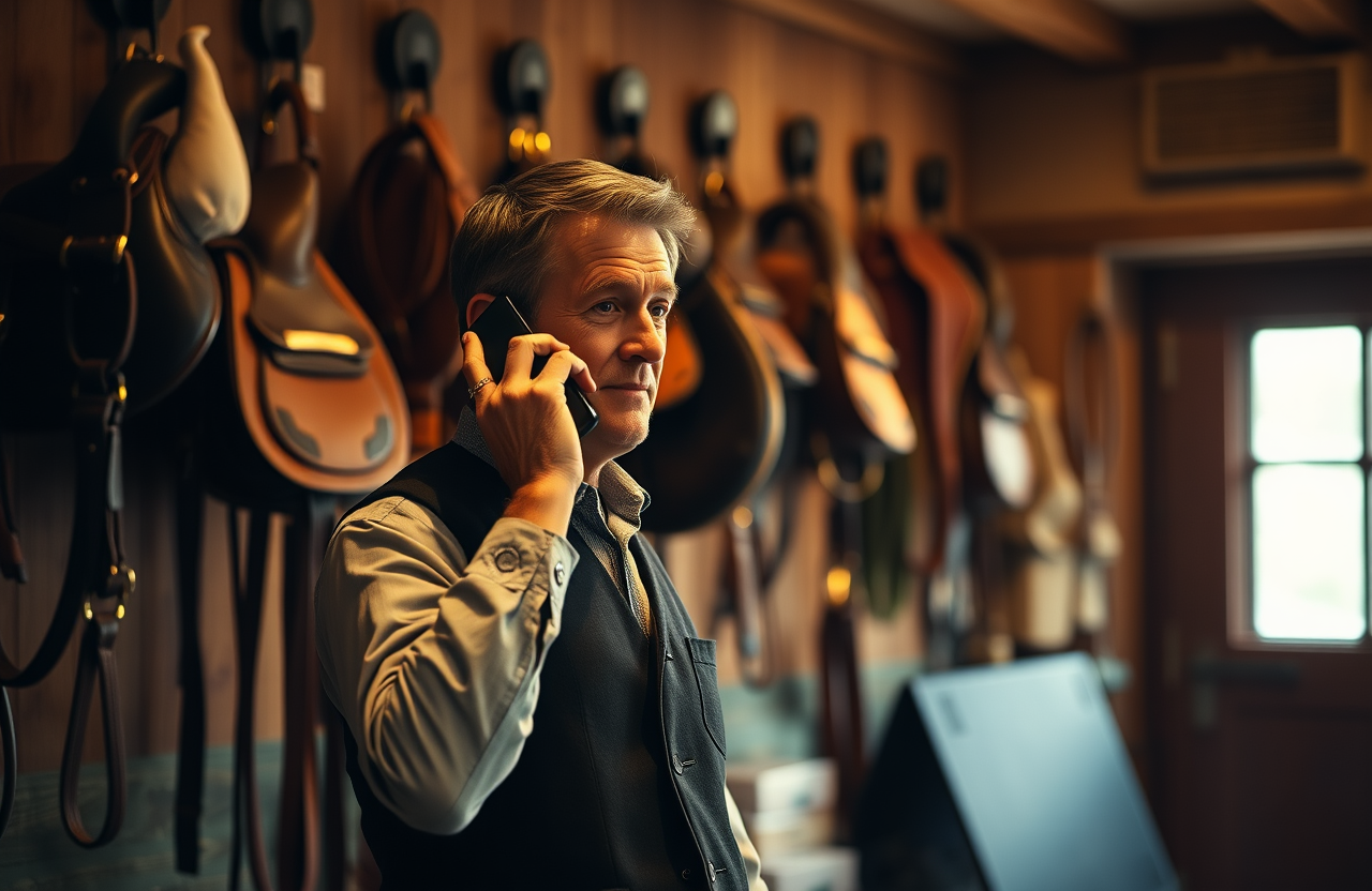 Racing insurance specialist on a phone call in a stable office, saddles and bridles hung on the wall behind