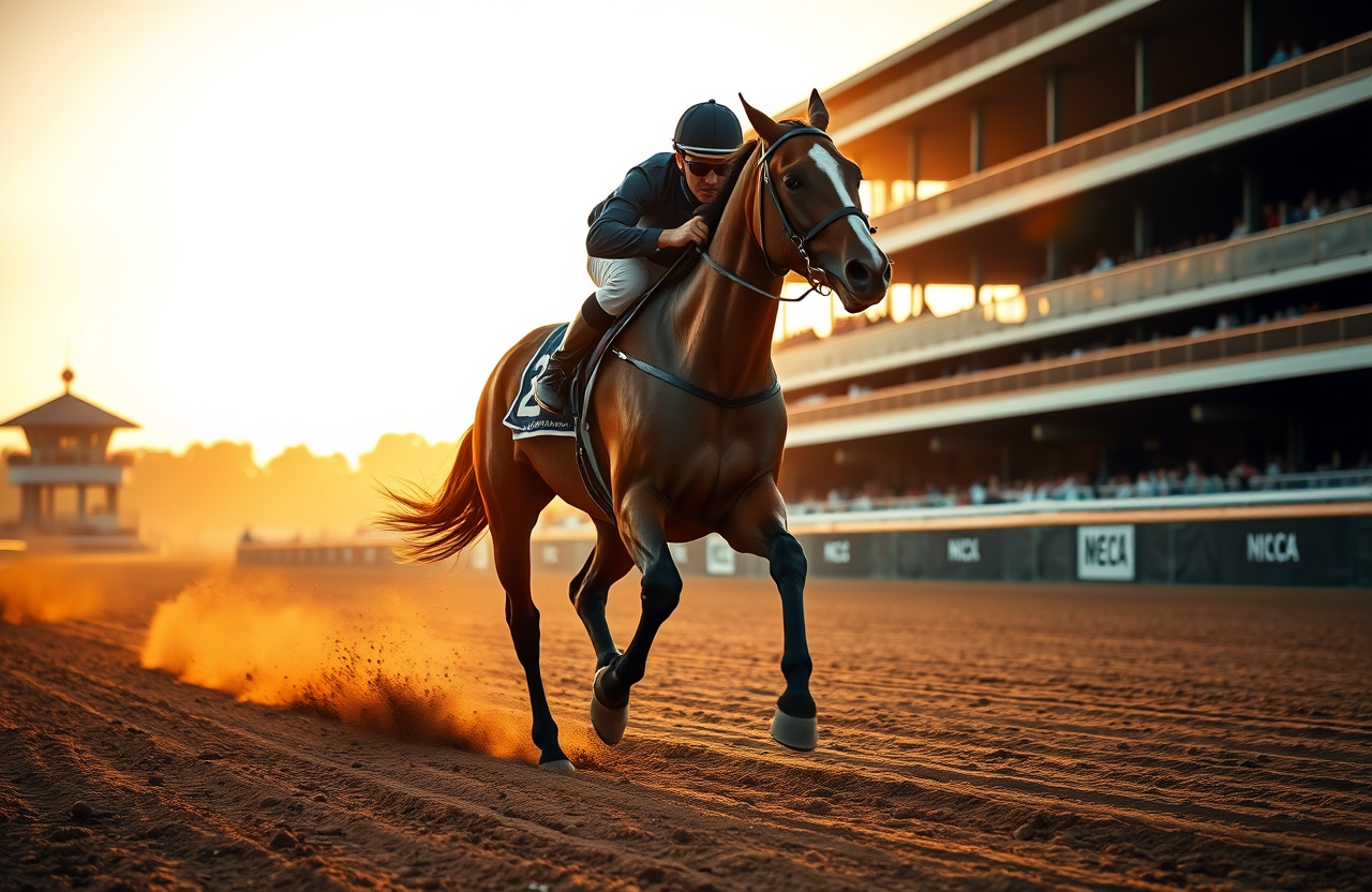 Jockey rounding the far turn at golden hour on the backstretch