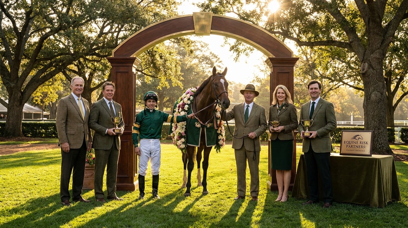 Winner's circle at a racetrack paddock, golden-hour editorial photography